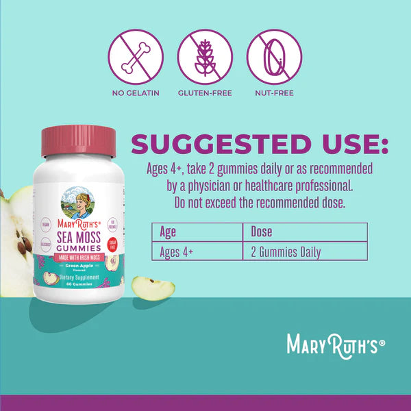 Mary Ruth's Sea Moss Gummies packaging with suggested use information on a teal background