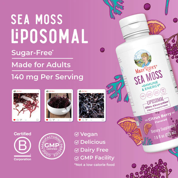 Mary ROTH'S Sea Moss Liposomal supplement bottle on a purple background with product details and images.