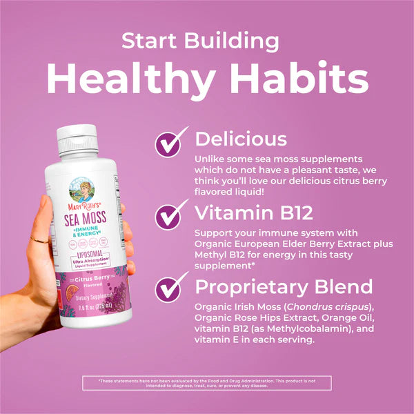 Sea moss supplement bottle with text on a purple background