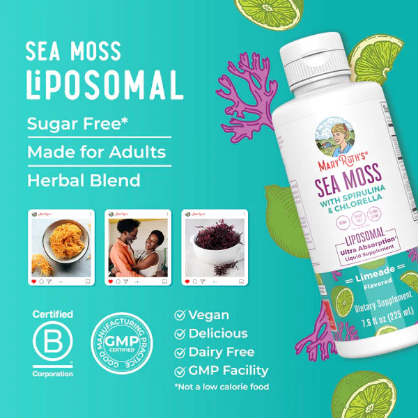 Mary Ruth's Sea Moss Liposomal supplement bottle on a teal background with product details and images.