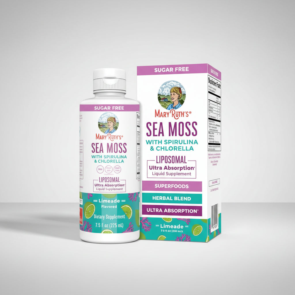 Mary Ruth's Sea Moss supplement bottle and packaging on a white background