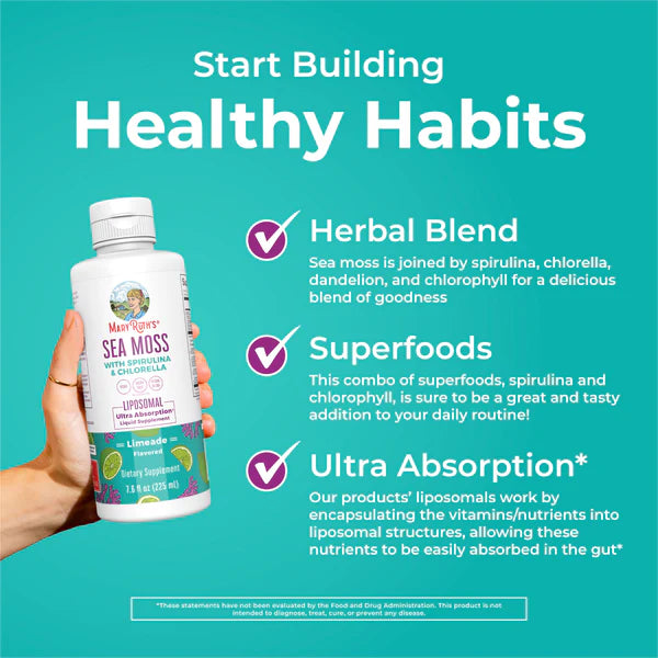 Sea moss supplement bottle with text on a teal background