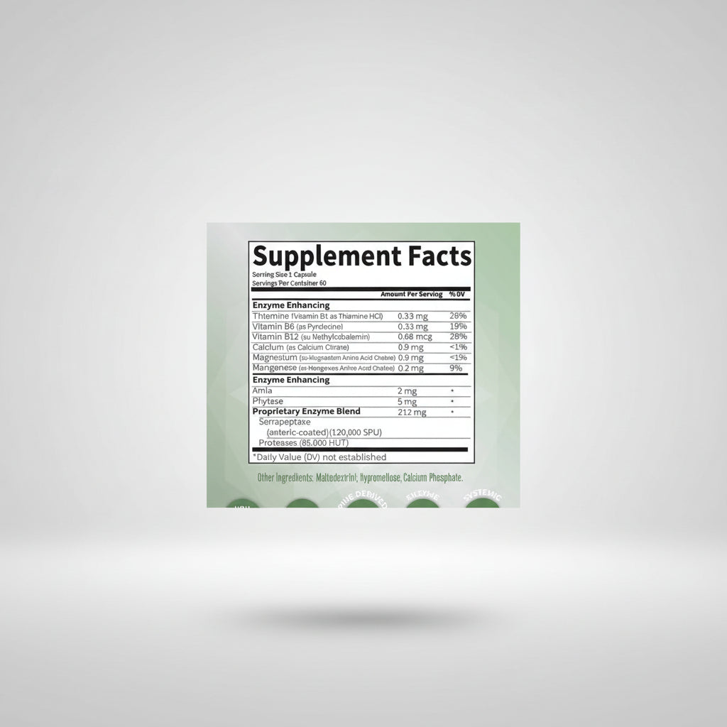 Supplement facts label with detailed nutritional information on a light green background