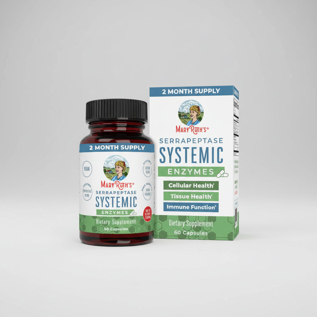 Mary Ruth's Serrapeptase Systemic Enzymes bottle and packaging on a white background