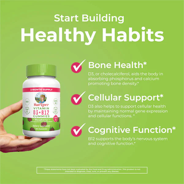 Multivitamin bottle with text on a green background about bone health, cellular support, and cognitive function.