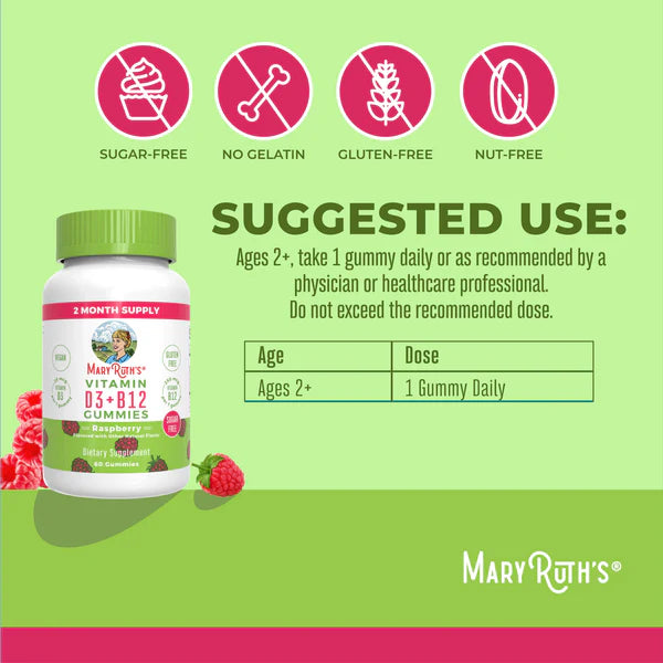 Mary Ruth's vitamin gummy bottle with suggested use and product features on a green background