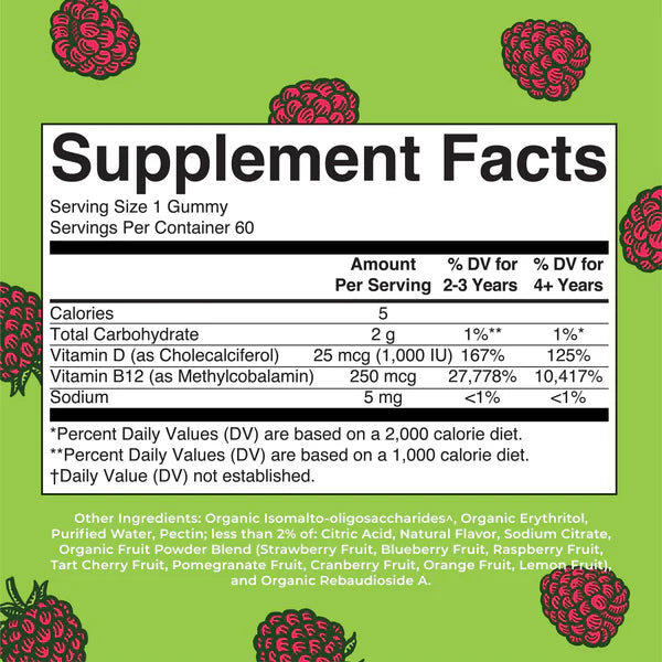 Supplement facts label with raspberry graphics on a green background