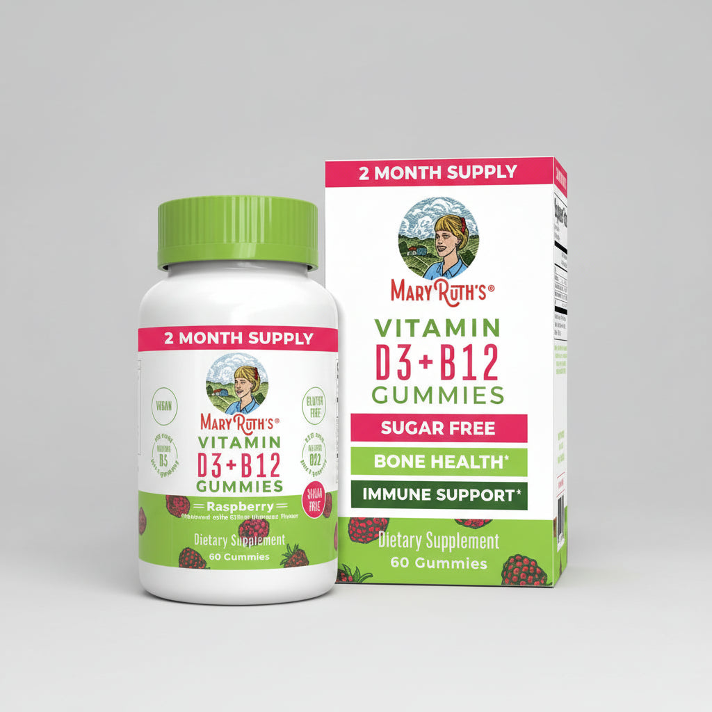 Mary Ruth's Vitamin D3+B12 Gummies packaging with bottle and box on a white background