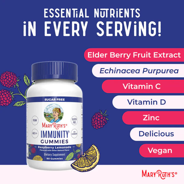 Mary Ruth's Immunity Gummies bottle with ingredients listed on a blue background