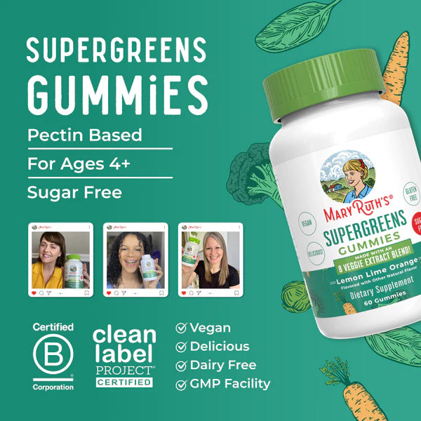 Mary Ruth's Supergreens Gummies bottle with product details on a green background