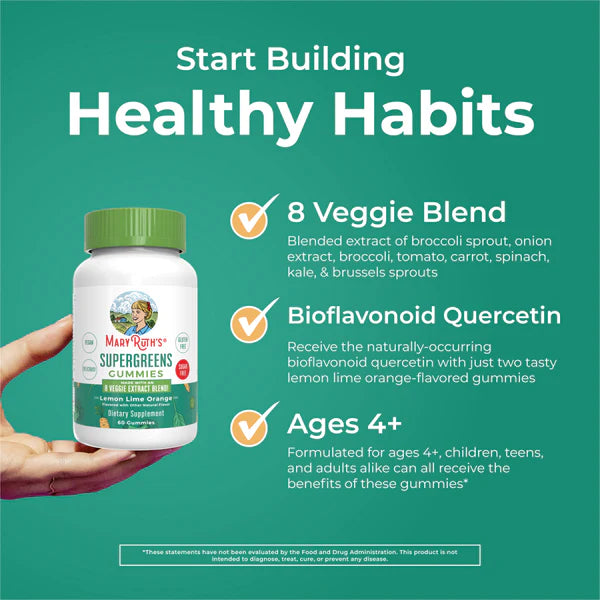 Supergreens gummies bottle held in a hand with product details on a green background