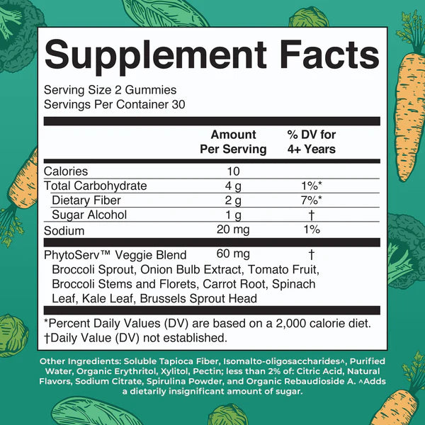 Supplement facts label for gummies with a green background and vegetable illustrations.