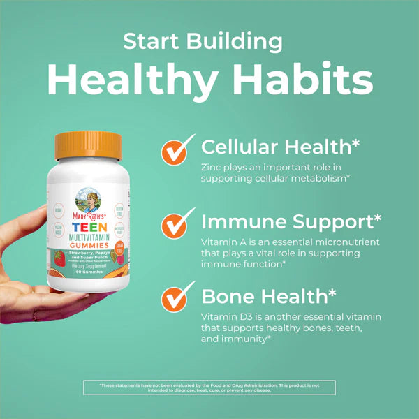 Multivitamin gummies packaging with health benefits on a green background