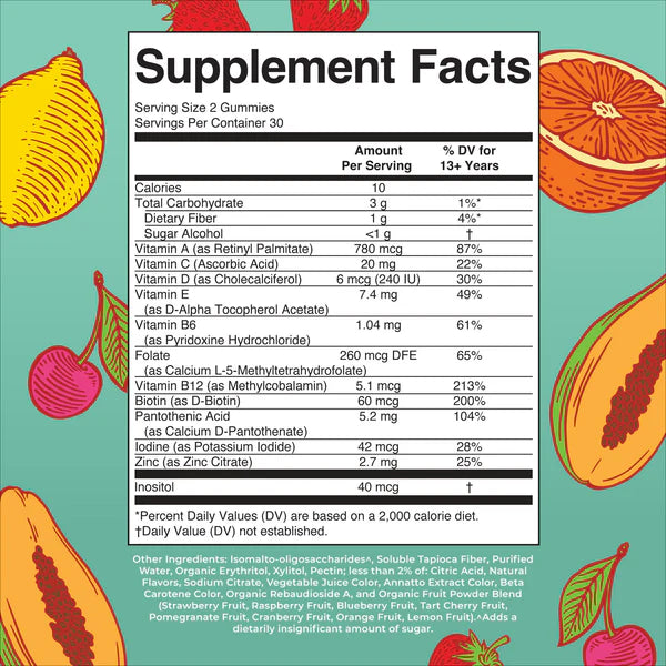 Supplement facts label with colorful fruit illustrations on a light blue background