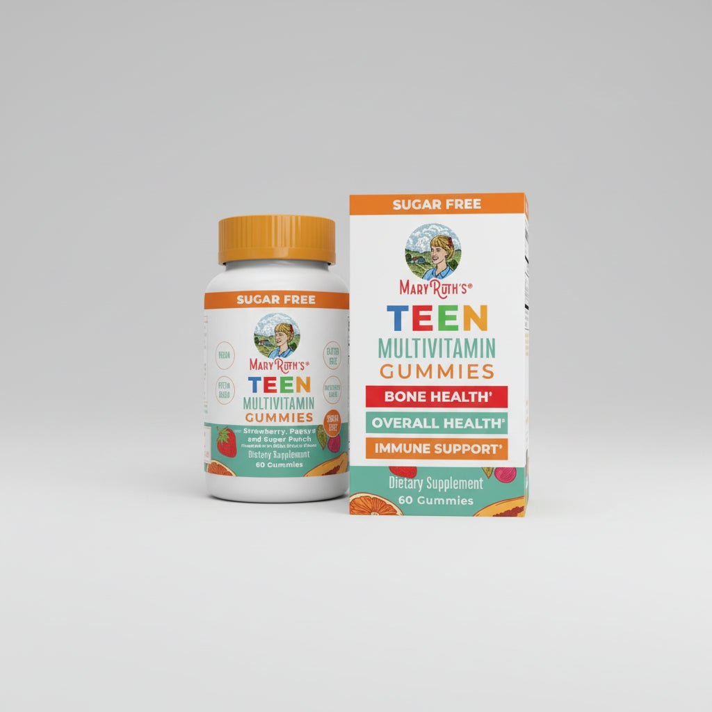 Mary Ruth's Teen Multivitamin Gummies packaging with bottle and box on a white background