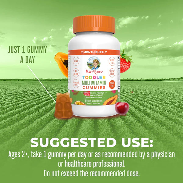 Multivitamin gummy bottle with a green field background