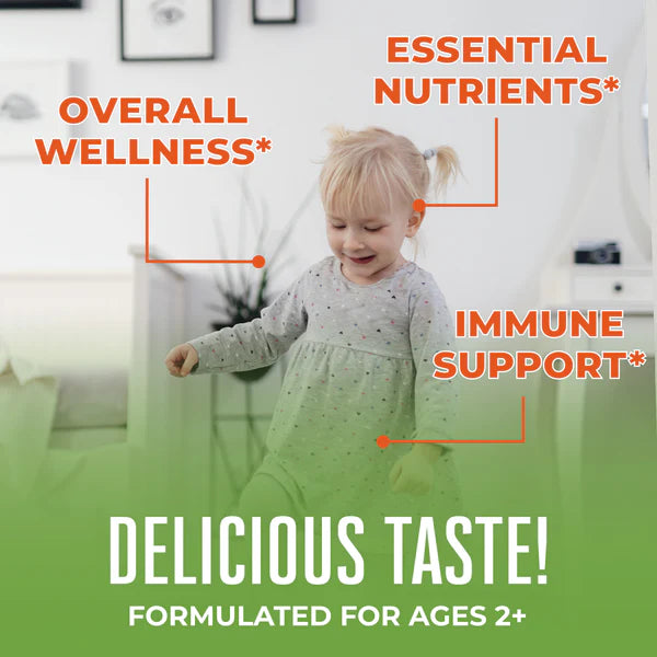 Child in a polka dot dress with text about essential nutrients, immune support, and delicious taste on a green and white background.