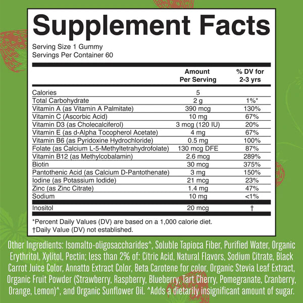 Supplement facts label for gummy vitamins on a green background