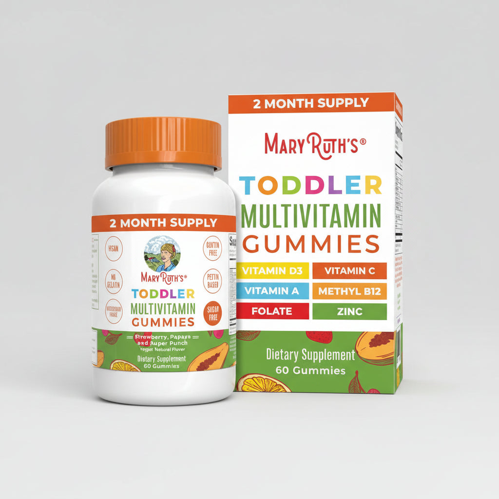 Mary Ruth's Toddler Multivitamin Gummies bottle and packaging on a white background