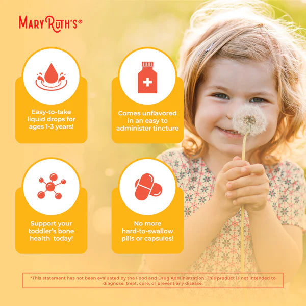 Advertisement for Mary Ruth's with a child holding a dandelion, featuring product benefits on a yellow background.