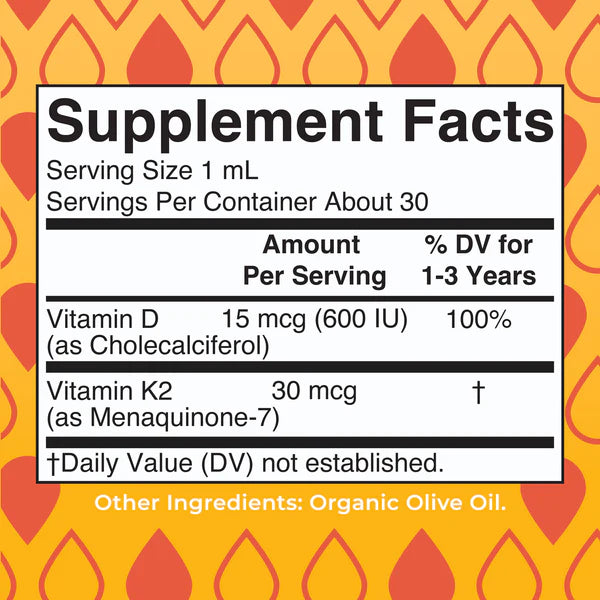 Supplement facts label with vitamin D and K2 on a decorative background