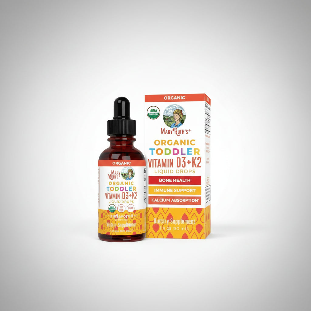 Mary Ruth's Organic Toddler Vitamin D3+K2 Liquid Drops bottle and packaging on a white background