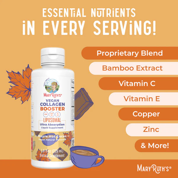 Mary Ruth's Vegan Collagen Booster bottle with ingredients listed on an orange background