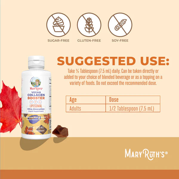 Mary Ruth's collagen booster bottle with suggested use and product details on a beige background