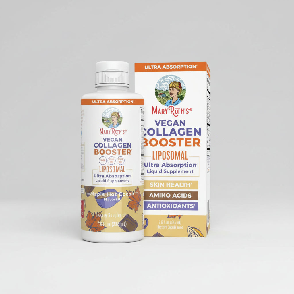 Mary Ruth's Vegan Collagen Booster bottle and packaging on a white background