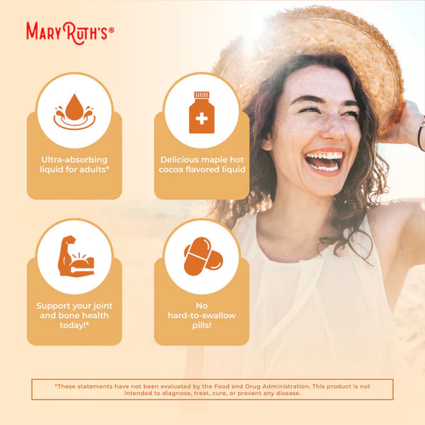 Woman with a straw hat and a promotional graphic for Mary Ruth's products on a light background.