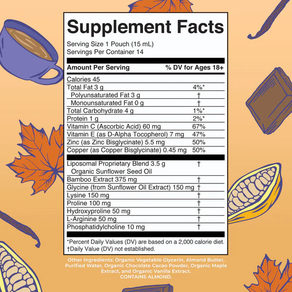 Supplement facts label with colorful illustrations on a yellow background