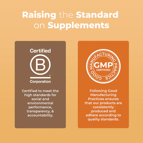 Two certification logos on a beige background with text about social and environmental performance, transparency, accountability, and Good Manufacturing Practices.