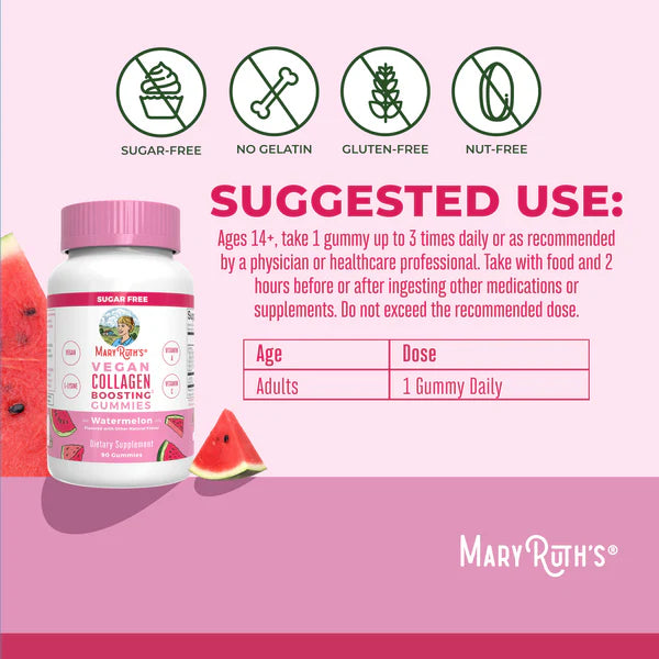 Mary Ruth's Collagen Boosting Gummies packaging with suggested use and product details on a pink background.