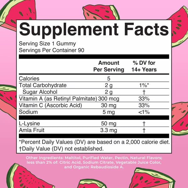 Supplement facts label for gummy vitamins with watermelon slices on a pink background