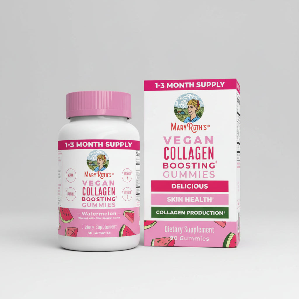 Mary Ruth's Vegan Collagen Boosting Gummies packaging with bottle and box on a white background