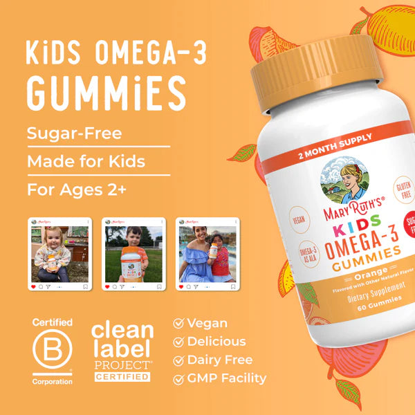 Mary Ruth's Kids Omega-3 Gummies bottle on an orange background with product details and images of children.