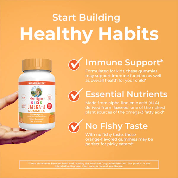 Marley Kids Omega-3 gummies with text on immune support, essential nutrients, and no fishy taste on an orange background.