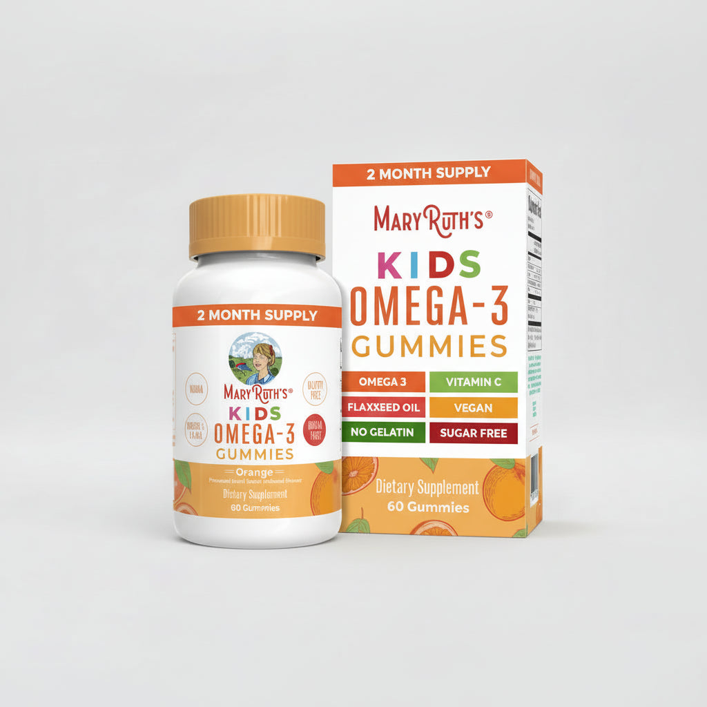 Mary Ruth's Kids Omega-3 Gummies supplement bottle and packaging on a white background