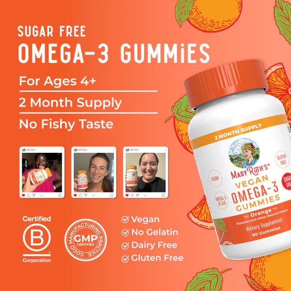 Promotional image of Mary Ruth's Vegan Omega-3 Gummies on an orange background with product details and images of people holding the gummies.