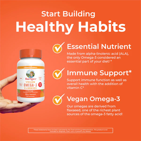 Omega-3 gummies with text on an orange background