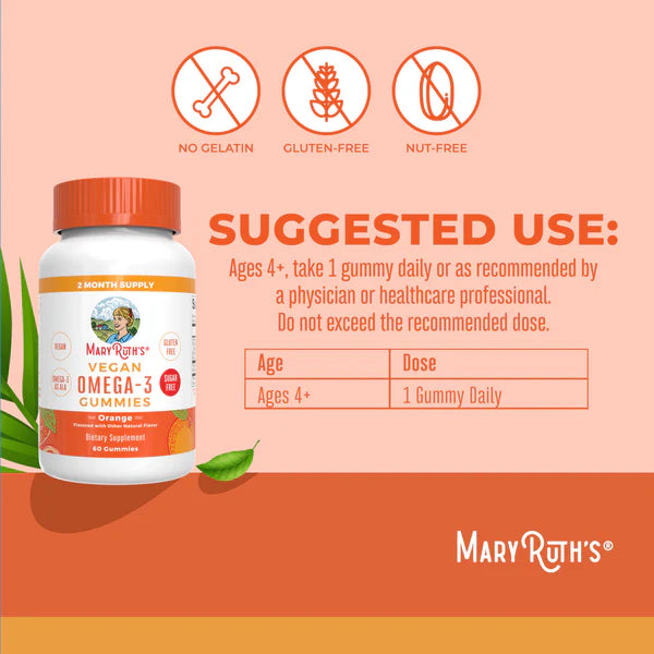Vegan Omega-3 gummies packaging with suggested use and product details on a peach background.