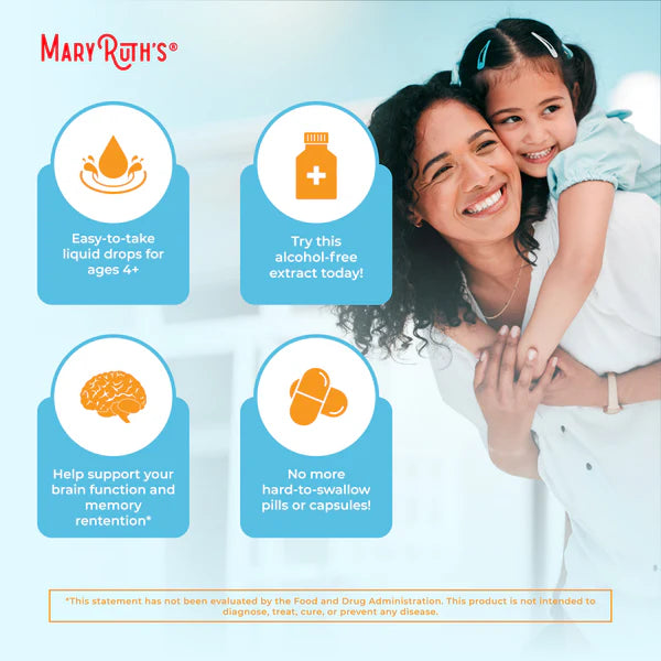 Advertisement for Mary Ruth's products featuring a woman and child with product features highlighted.