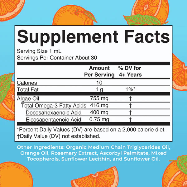 Supplement facts label with orange oil graphics on a blue background
