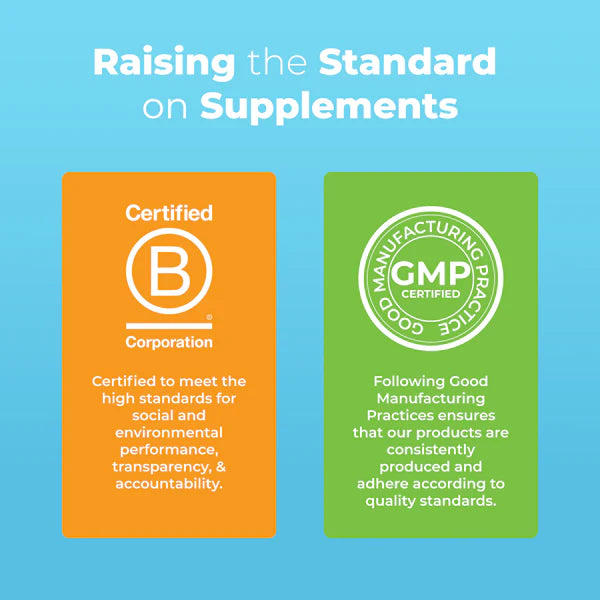 Two certification logos on a blue background with text about social and environmental performance, transparency, accountability, and Good Manufacturing Practices.