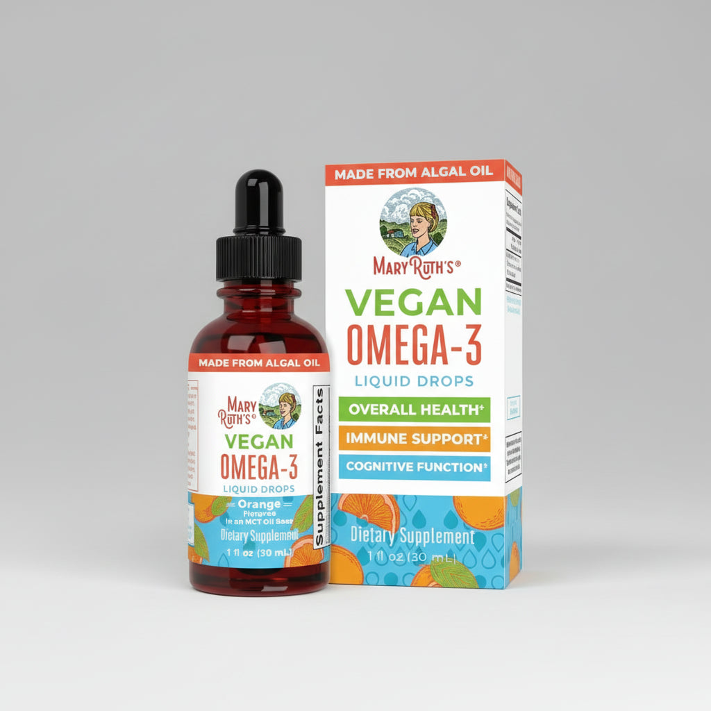 Mary Ruth's Vegan Omega-3 liquid drops bottle and packaging on a white background