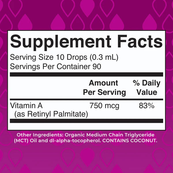 Supplement facts label with vitamin A content on a purple background