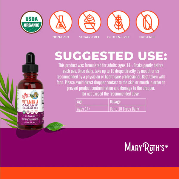 Mary Ruth's Vitamin A Organic Liquid Drops bottle with label on a purple background