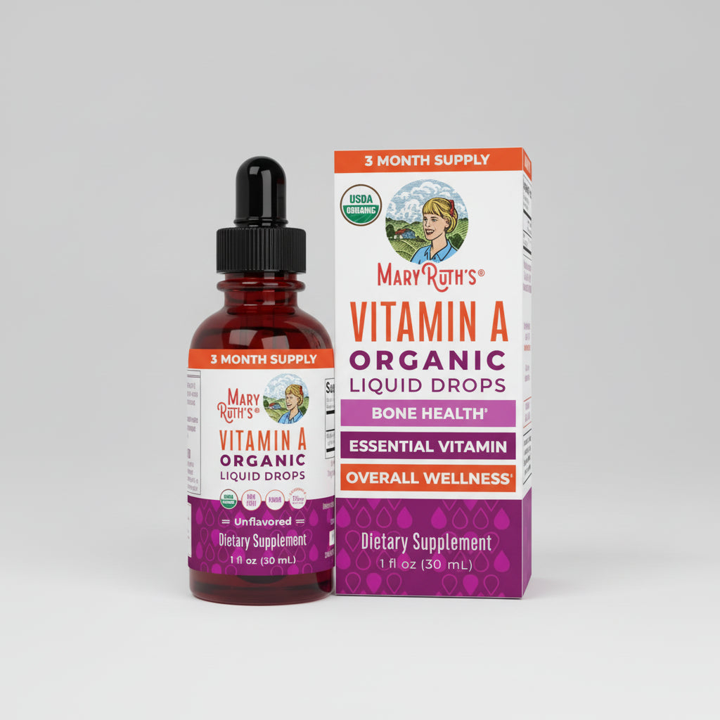 Mary Ruth's Vitamin A Organic Liquid Drops bottle and packaging on a white background