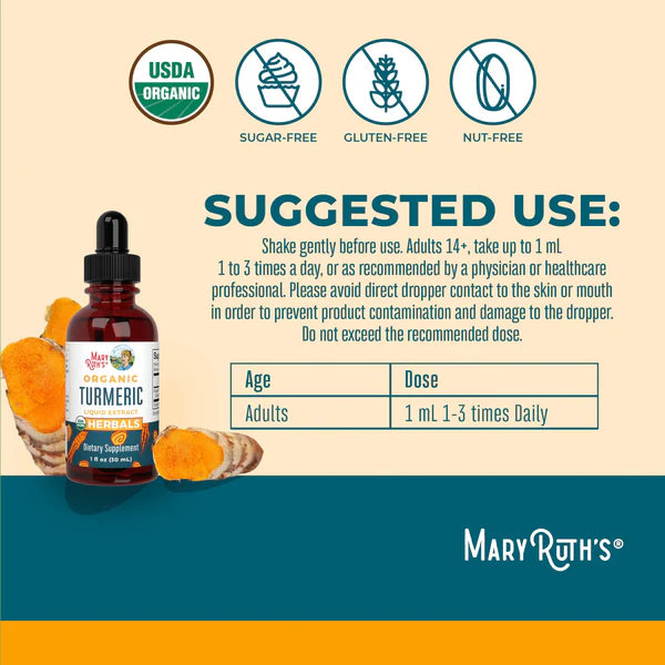 Mary Ruth's Organic Turmeric supplement bottle with usage instructions and product details on a beige and blue background.