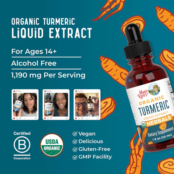 Mary Ruth's Organic Turmeric Liquid Extract bottle with product details on a blue background